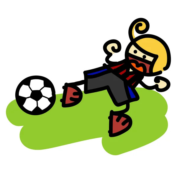 Vektor illustration, söt pojke spelar fotboll, tecknad koncept, vit bakgrund. — Stock vektor