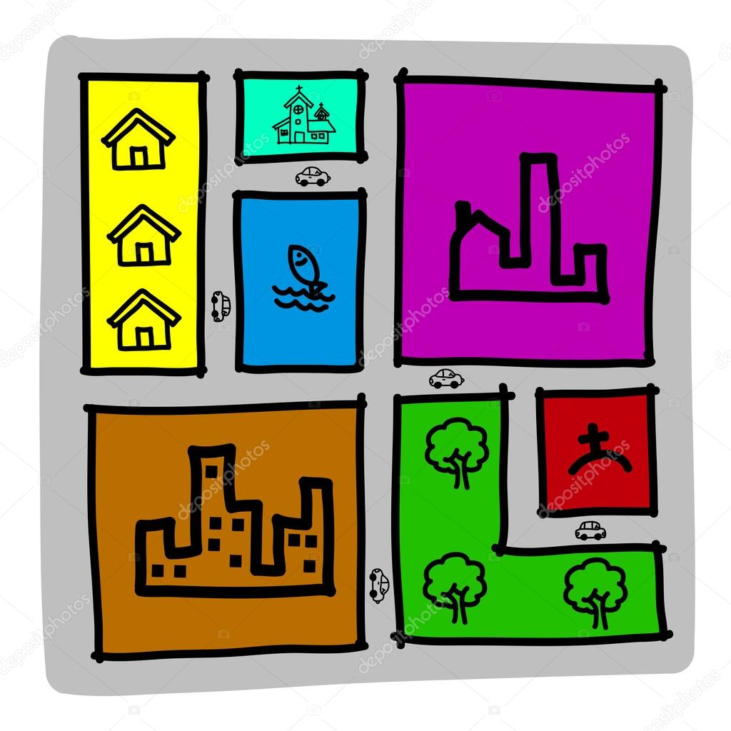 Hand draw city map ,zoning .Illustration