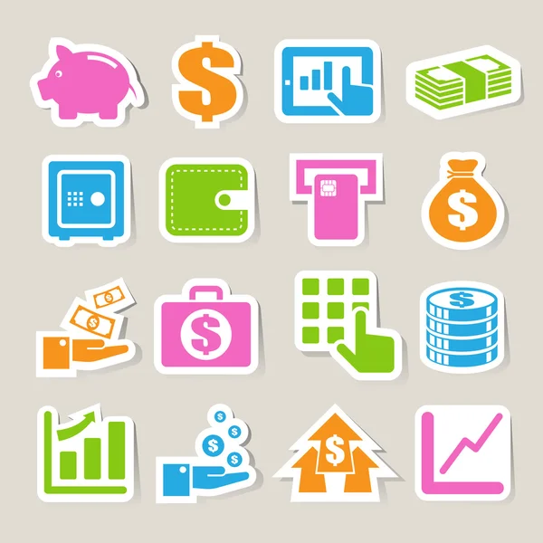 Finanzen und Geld Aufkleber Icon Set. — Stockvektor