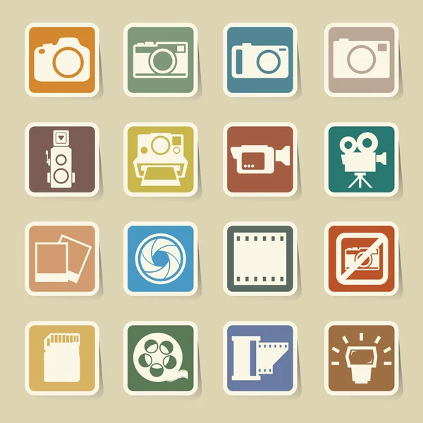 Fotoaparát a video nálepka ikony nastavené, ilustrace — Stockový vektor
