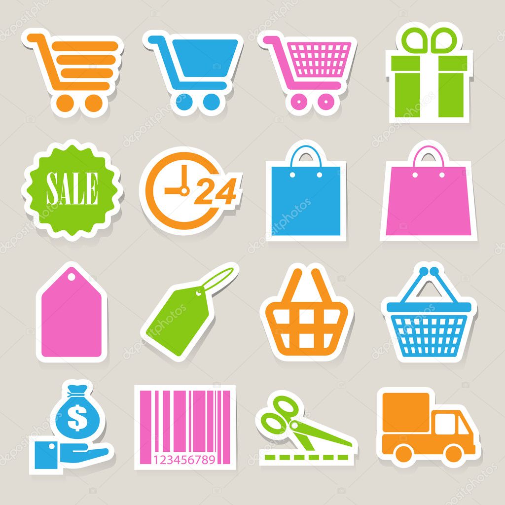 Shopping sticker icons set.