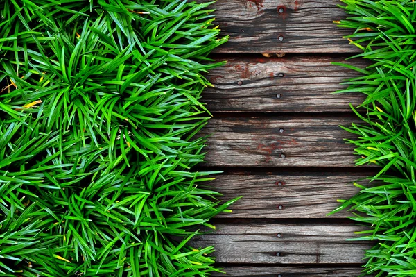 Erba verde su sfondo di legno . — Foto Stock
