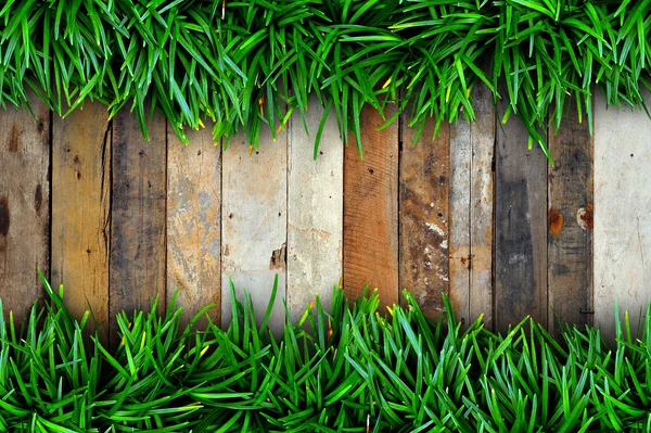 Zielona trawa na tle drewna. — Zdjęcie stockowe