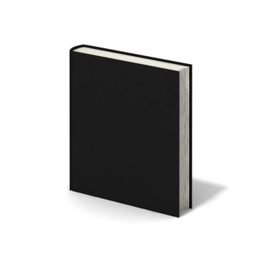 Beyaz arka planda siyah kapaklı boş bir kitap.