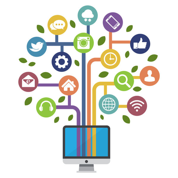 Computer with social media icons