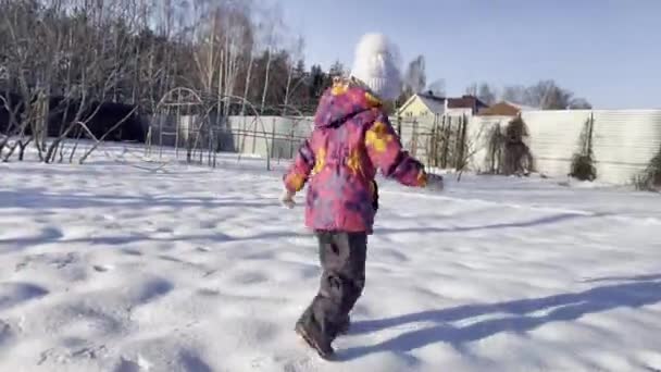 Menina correndo na neve em torno de um pinheiro jovem em um dia brilhante — Vídeo de Stock