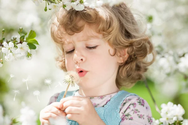 Bambino che soffia sul dente di leone — Foto Stock