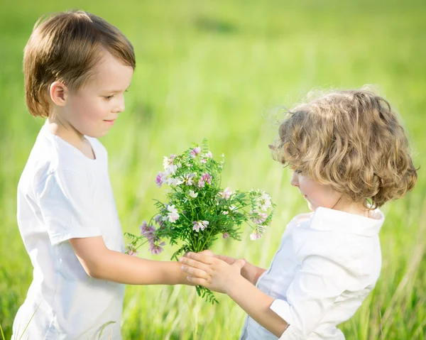 Smiling boy giving bouquet Stock Image