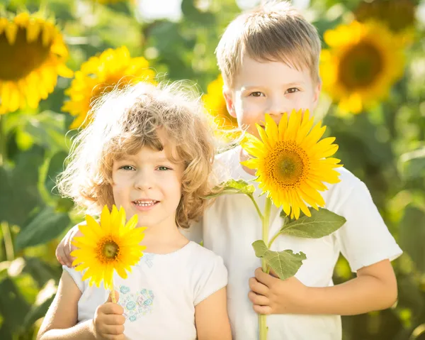 Happy children with sunflower Stock Photo
