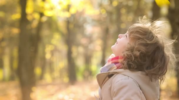 Bambino felice che gioca all'aperto nel parco autunnale — Video Stock