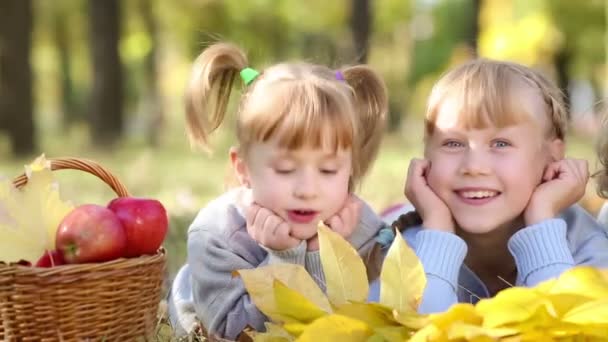 Группа счастливых детей, играющих на открытом воздухе в осеннем парке. Долли выстрелил — стоковое видео