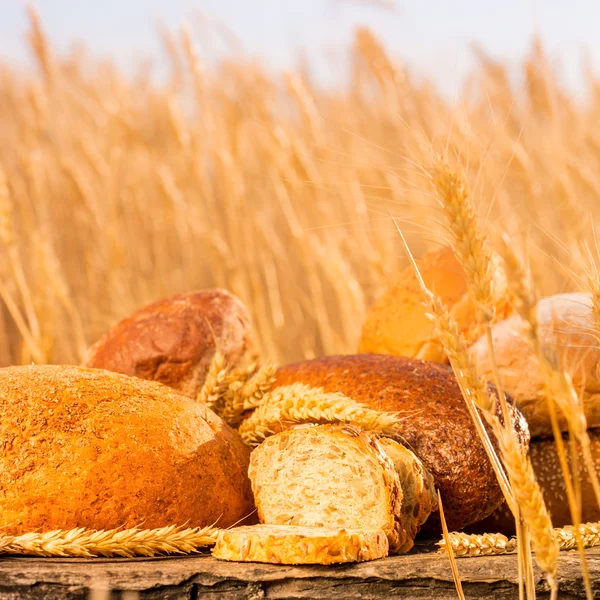 Pão caseiro e trigo na mesa de madeira — Fotografia de Stock