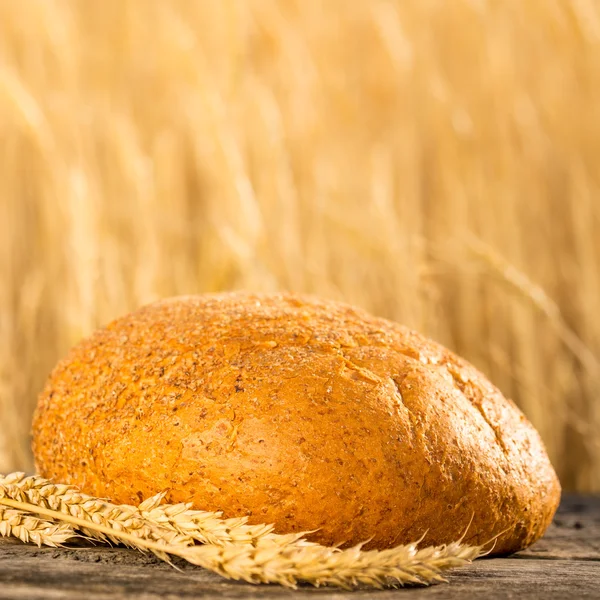 Домашній хліб і пшениця на дерев'яному столі — стокове фото