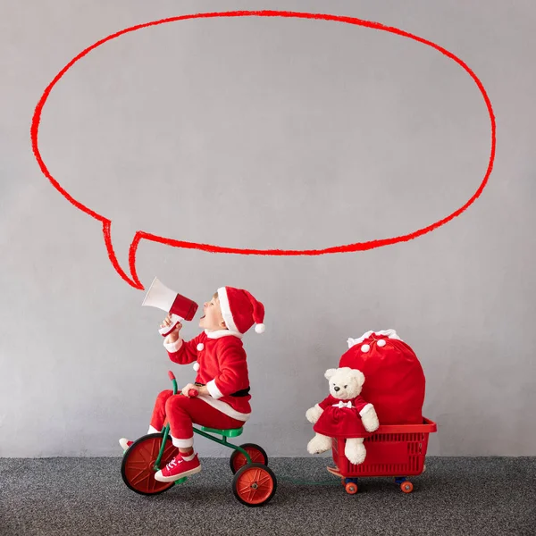 Niño Feliz Vistiendo Disfraz Navidad Bicicleta Infantil Niño Gracioso Gritando — Foto de Stock