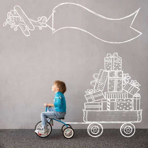 Happy Child Wearing Christmas Costume Kid Riding Bike Funny Child — Stock Photo, Image