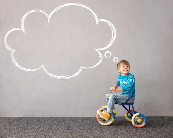 Bambino Felice Con Indosso Costume Natale Bambino Bici Divertente Bambino — Foto Stock