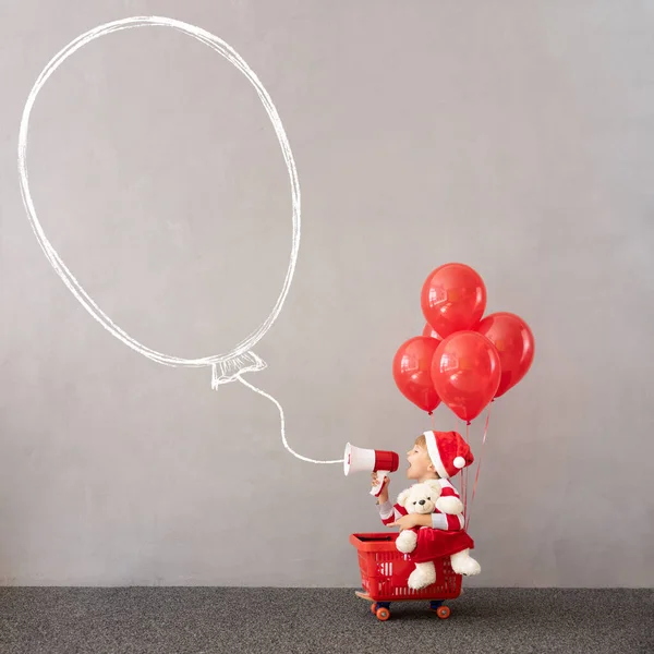 Bambino Felice Con Indosso Costume Natale Ragazzo Seduto Nel Carrello — Foto Stock