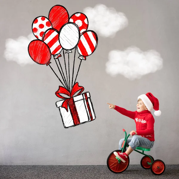 Bambino Felice Con Indosso Costume Natale Bambino Bici Divertente Bambino — Foto Stock