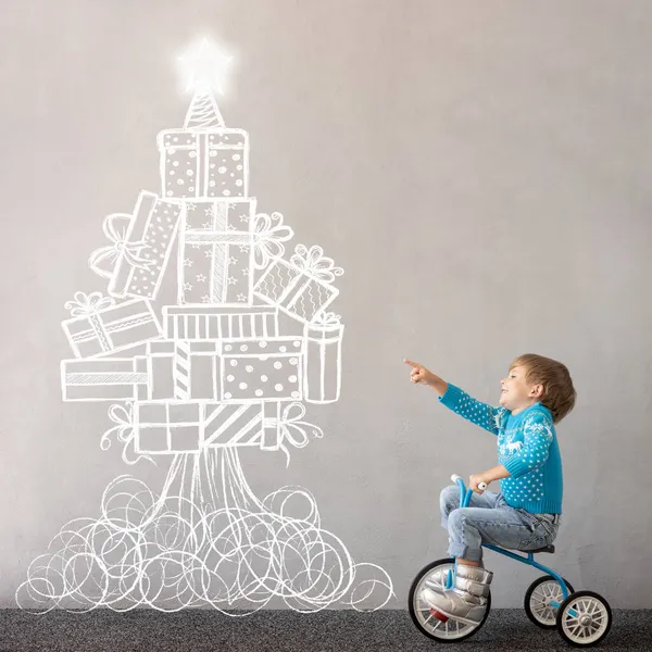Joyeux Enfant Portant Costume Noël Gamin Vélo Drôle Enfant Qui — Photo