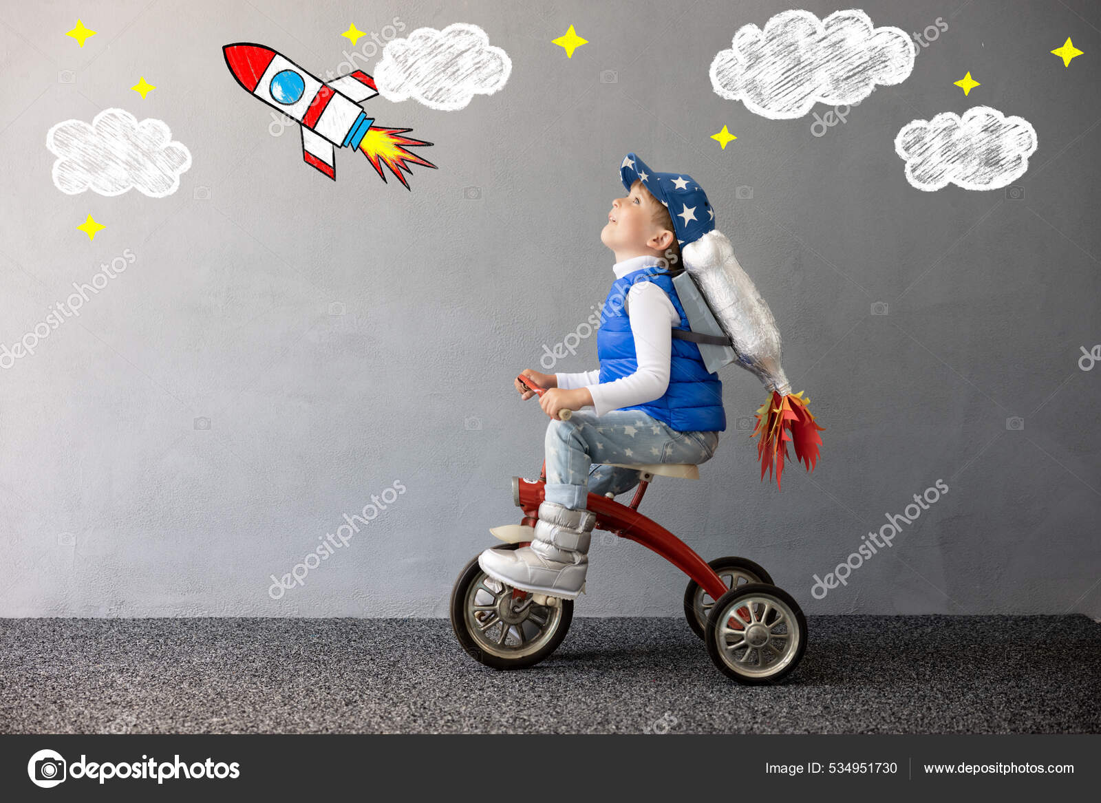 Happy Child Playing Toy Rocket Concrete Wall Background Kid Pretend ...