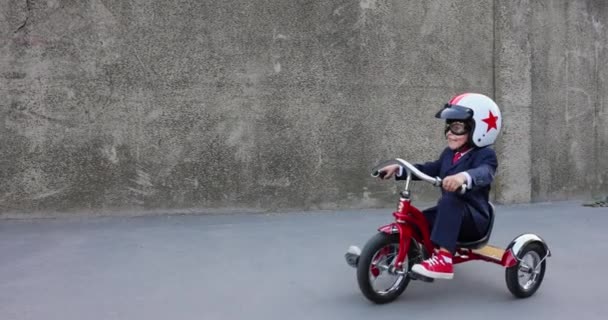 Happy Child Pretend Businessman Funny Kid Driving Retro Trike Outdoor — стоковое видео