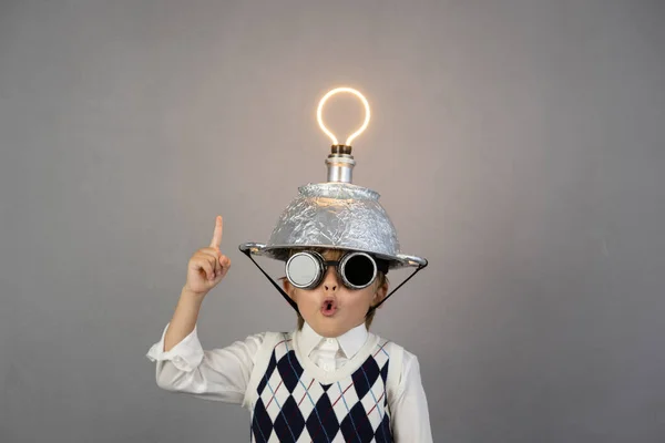 Smart Child Pretend Businessman Funny Kid Wearing Helmet Lightbulb Education — Stockfoto