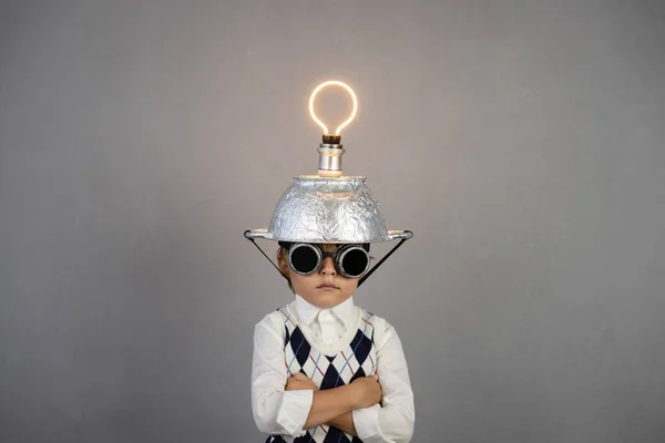 Smart Child Pretend Businessman Funny Kid Wearing Helmet Lightbulb Education — Zdjęcie stockowe