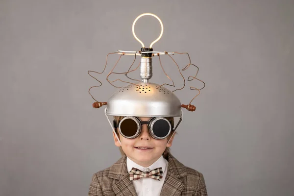 Smart Child Pretend Businessman Funny Kid Wearing Helmet Lightbulb Education — Foto Stock