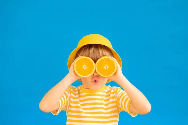 Surprized Child Holding Slices Orange Fruit Sunglasses Kid Wearing Striped — Stock Photo, Image