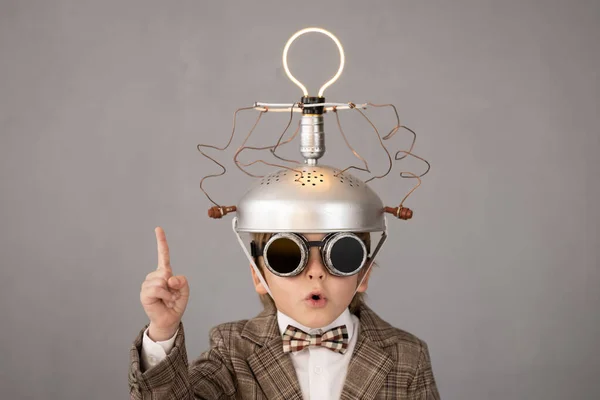 Smart Child Pretend Businessman Funny Kid Wearing Helmet Lightbulb Education — Stock Fotó
