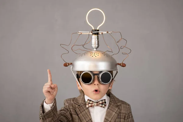 Smart Child Pretend Businessman Funny Kid Wearing Helmet Lightbulb Education — Zdjęcie stockowe