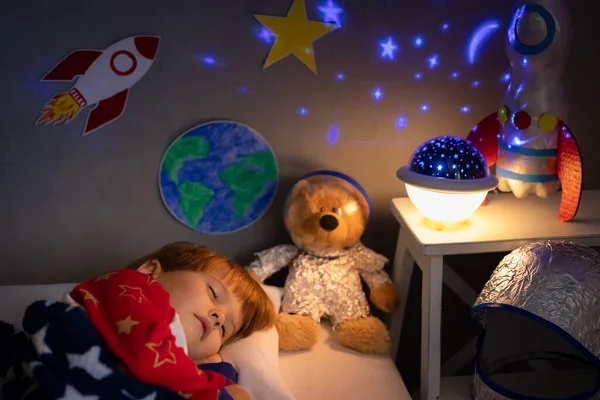 Happy Child Sleeping Toy Rocket Teddy Bear Kid Pretend Astronaut — Stock Photo, Image