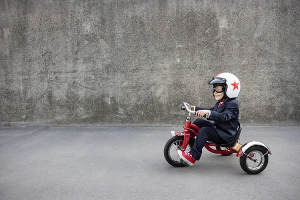 Happy Child Pretend Businessman Funny Kid Riding Bike Outdoor Back — Fotografia de Stock