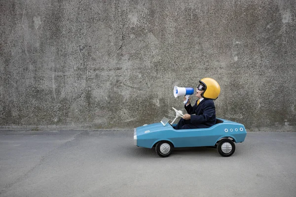 Happy Child Pretend Businessman Funny Kid Driving Retro Pedal Car — Foto Stock