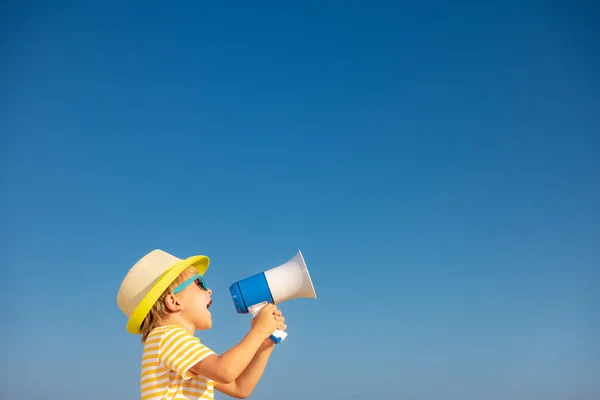 Happy Child Shouting Loudspeaker Outdoor Blue Sky Background Portrait Smiling — Stock Photo, Image