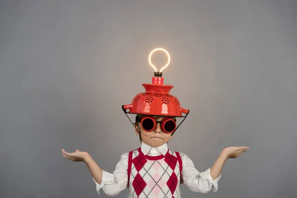 Smart Child Pretend Businessman Funny Kid Wearing Helmet Lightbulb Education — Zdjęcie stockowe