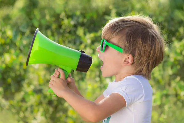 Happy Child Shouting Loudspeaker Portrait Kid Outdoor Boy Blurred Green — 图库照片
