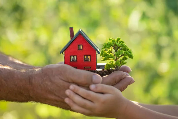 Família Segurando Modelo Casa Árvore Mãos Contra Fundo Verde Primavera — Fotografia de Stock