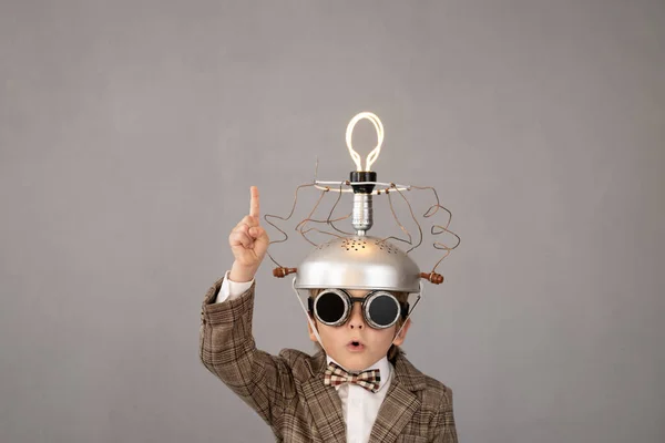 Smart Child Pretend Businessman Funny Kid Wearing Helmet Lightbulb Education — Zdjęcie stockowe