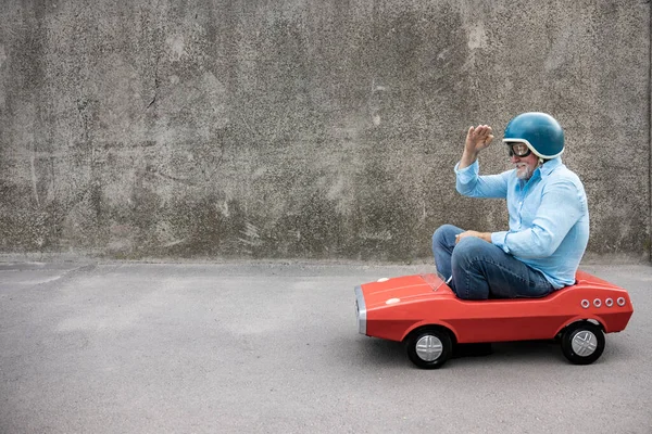 Portrait Funny Businessman Outdoor Senior Man Driving Retro Pedal Car — Stock Photo, Image