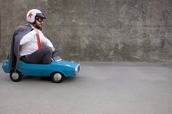 Portrait Funny Businessman Outdoor Man Driving Retro Pedal Car Back — Stock Photo, Image