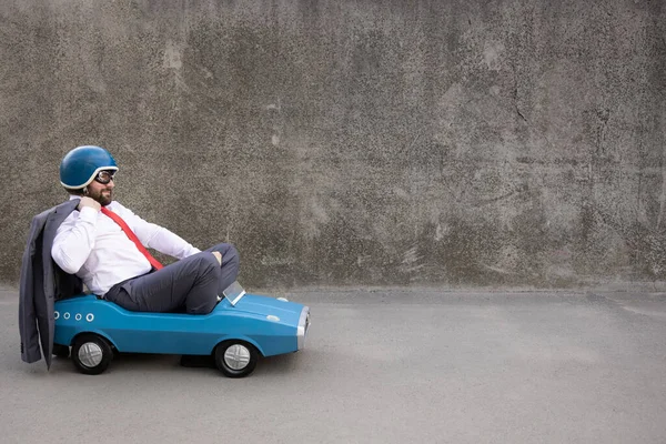 Portrait Funny Businessman Outdoor Man Driving Retro Pedal Car Back — Stockfoto