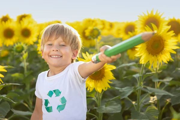 Happy Child Having Fun Spring Field Sunflowers Outdoor Portrait Kid — Stock Photo, Image