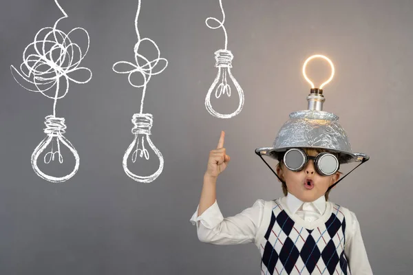 Smart Child Pretend Businessman Funny Kid Wearing Helmet Lightbulb Education — Zdjęcie stockowe