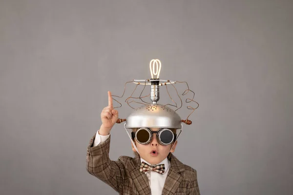 Smart Child Pretend Businessman Funny Kid Wearing Helmet Lightbulb Education — Fotografia de Stock