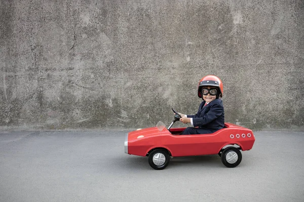 Happy Child Pretend Businessman Funny Kid Driving Retro Pedal Car — Foto Stock