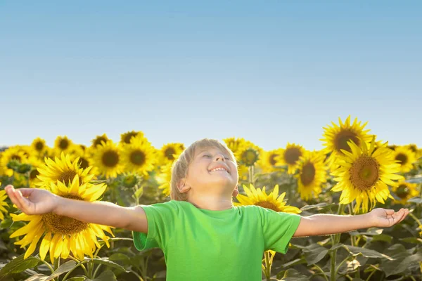 Heureux Enfant Qui Amuse Dans Champ Tournesols Printemps Portrait Extérieur — Photo