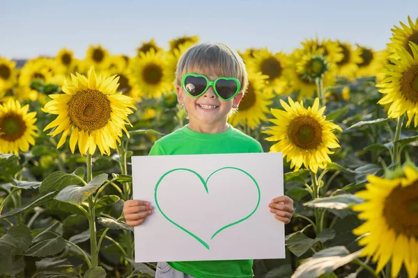 Szczęśliwe Dziecko Bawiące Się Wiosennym Polu Słoneczników Kid Gospodarstwa Papieru — Zdjęcie stockowe
