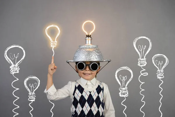 Smart Child Pretend Businessman Funny Kid Wearing Helmet Lightbulb Education — Stockfoto