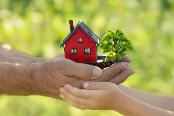 Family Holding Model House Tree Hands Spring Green Background Real — Stock Photo, Image